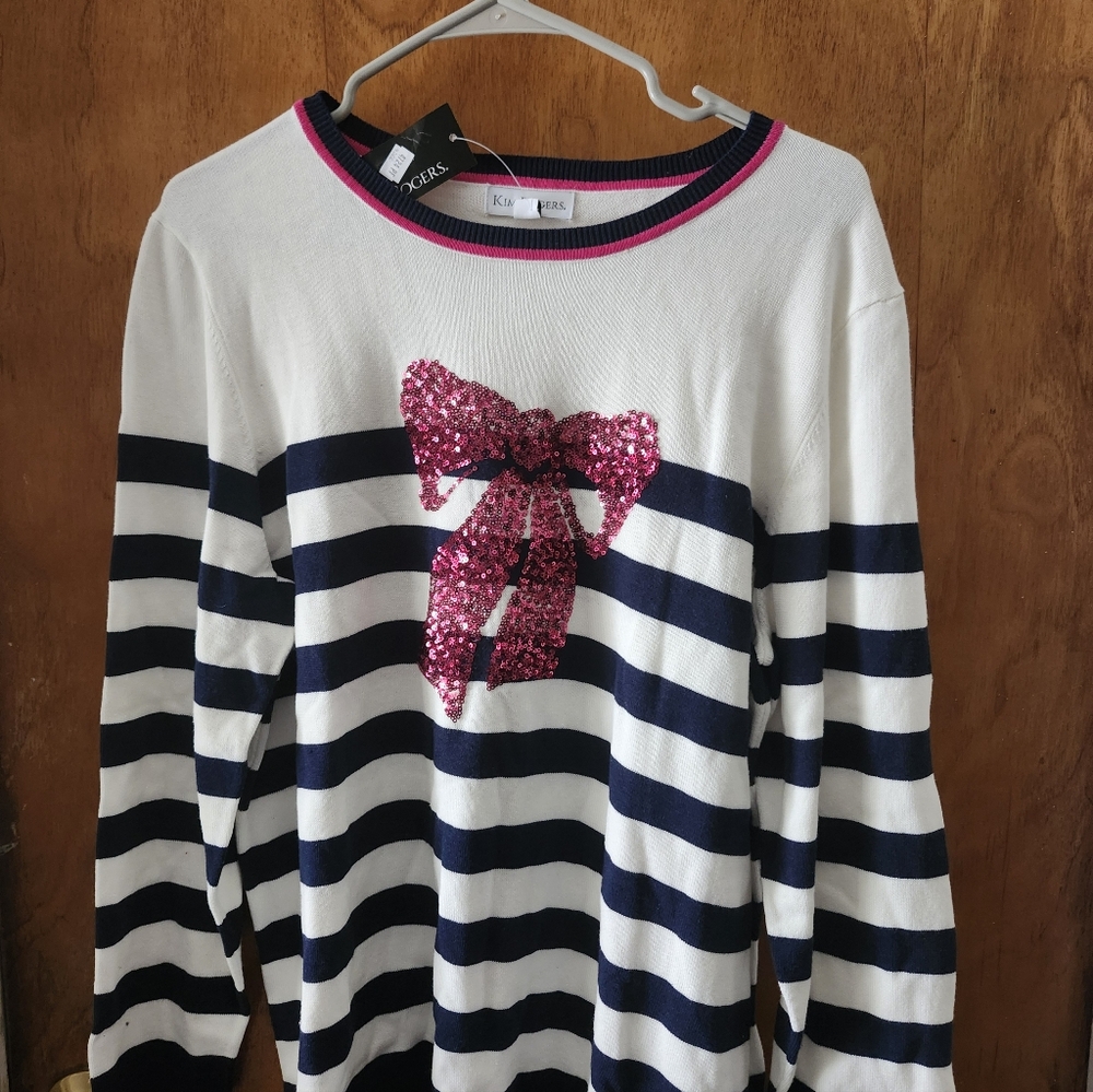 Kensie White and Navy Striped Sweater with Pink Sequin Bow